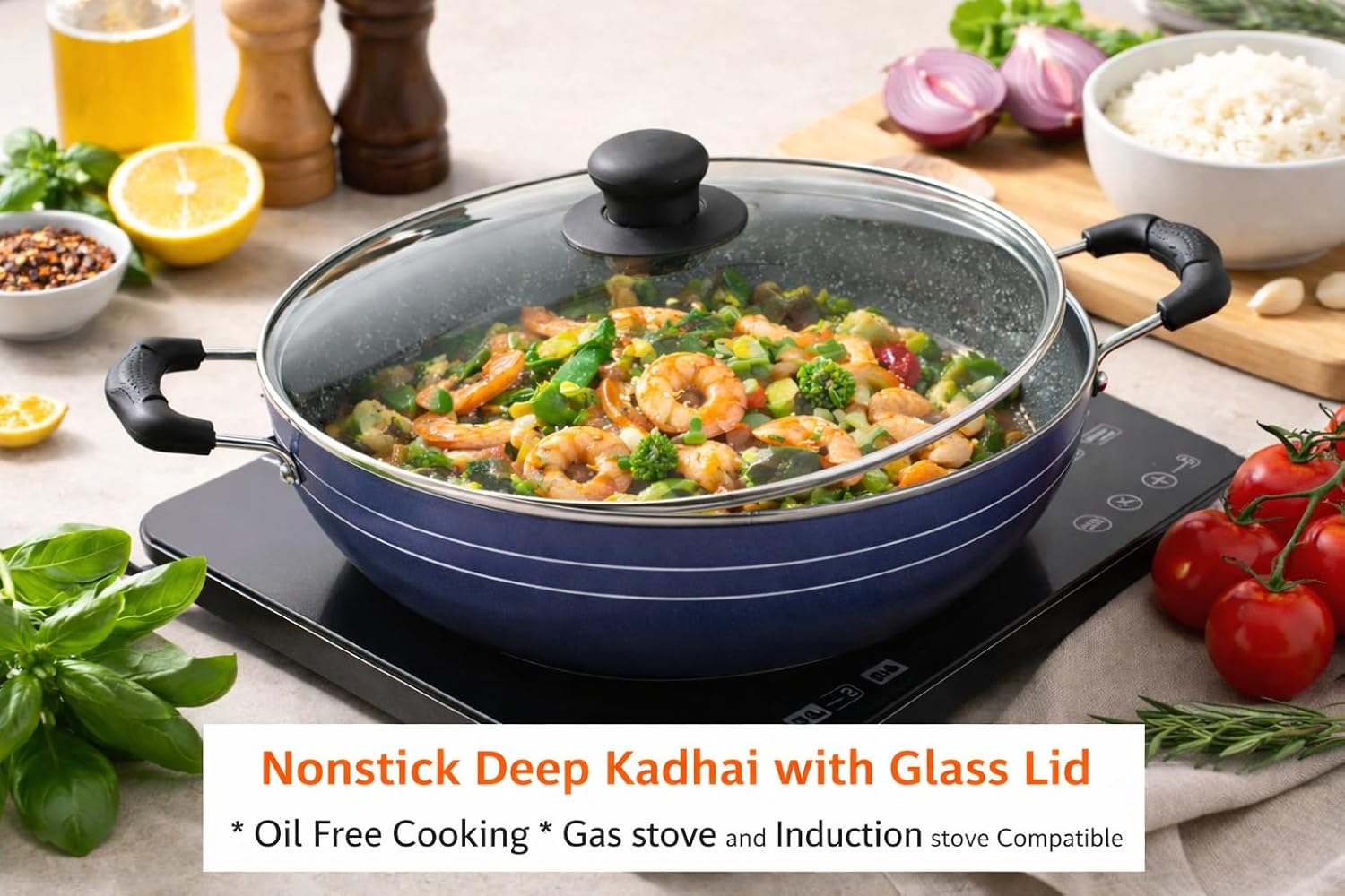 G & D Kadai with Glass Lid All Purpose Pan Nonstick Coating Kadhai Deep Stir Fry for Gas and Induction Cooktop Aluminium Skillet Wok (3mm) 2.2 Ltr Diameter 9.5 Inch