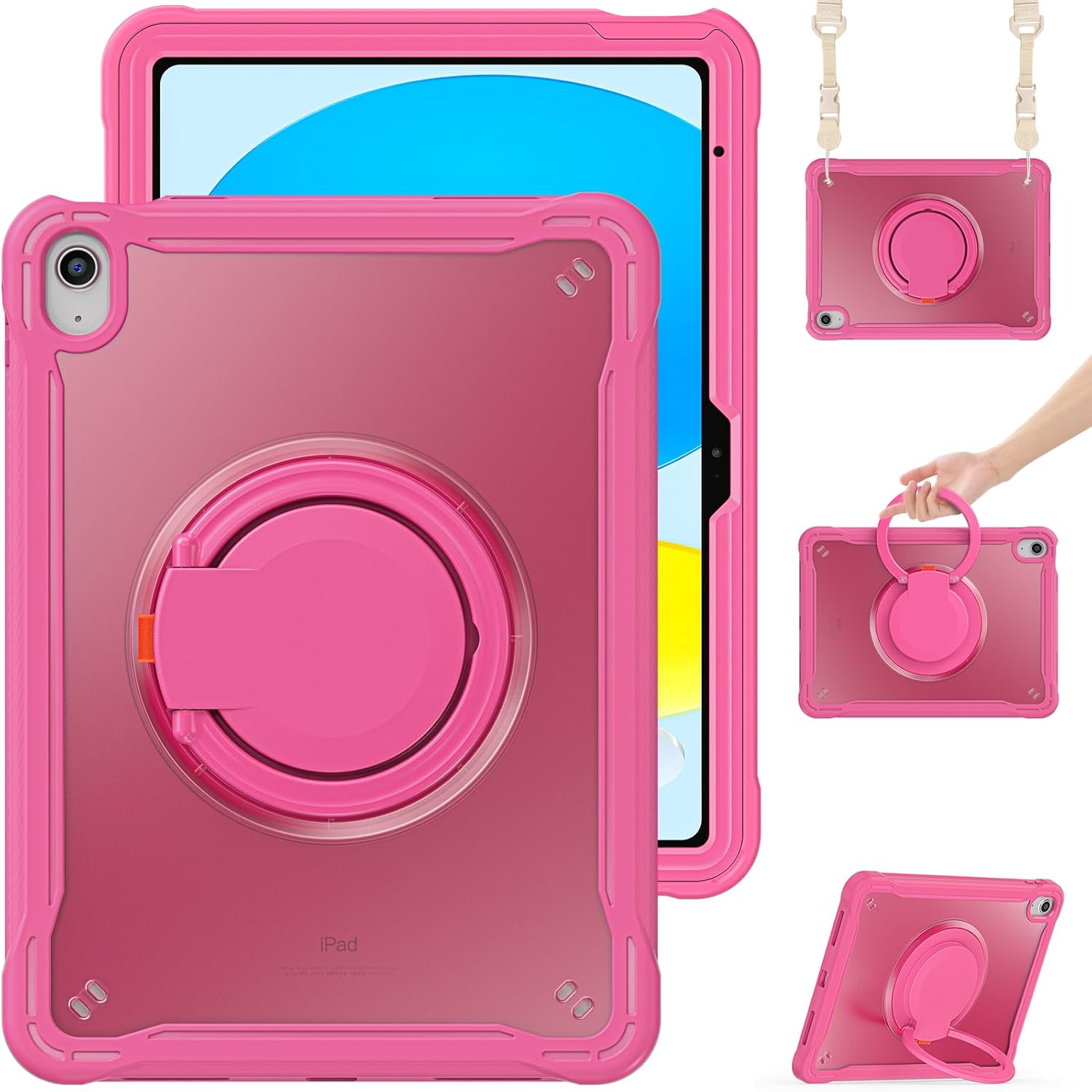 Case for iPad 10, iPad 10th Generation 2022 10.9 inch case 360° Ring Stand with Shoulder Strap Pen Holder Translucent Hard PC Back Cover (iPad 10（2022）, Rose)