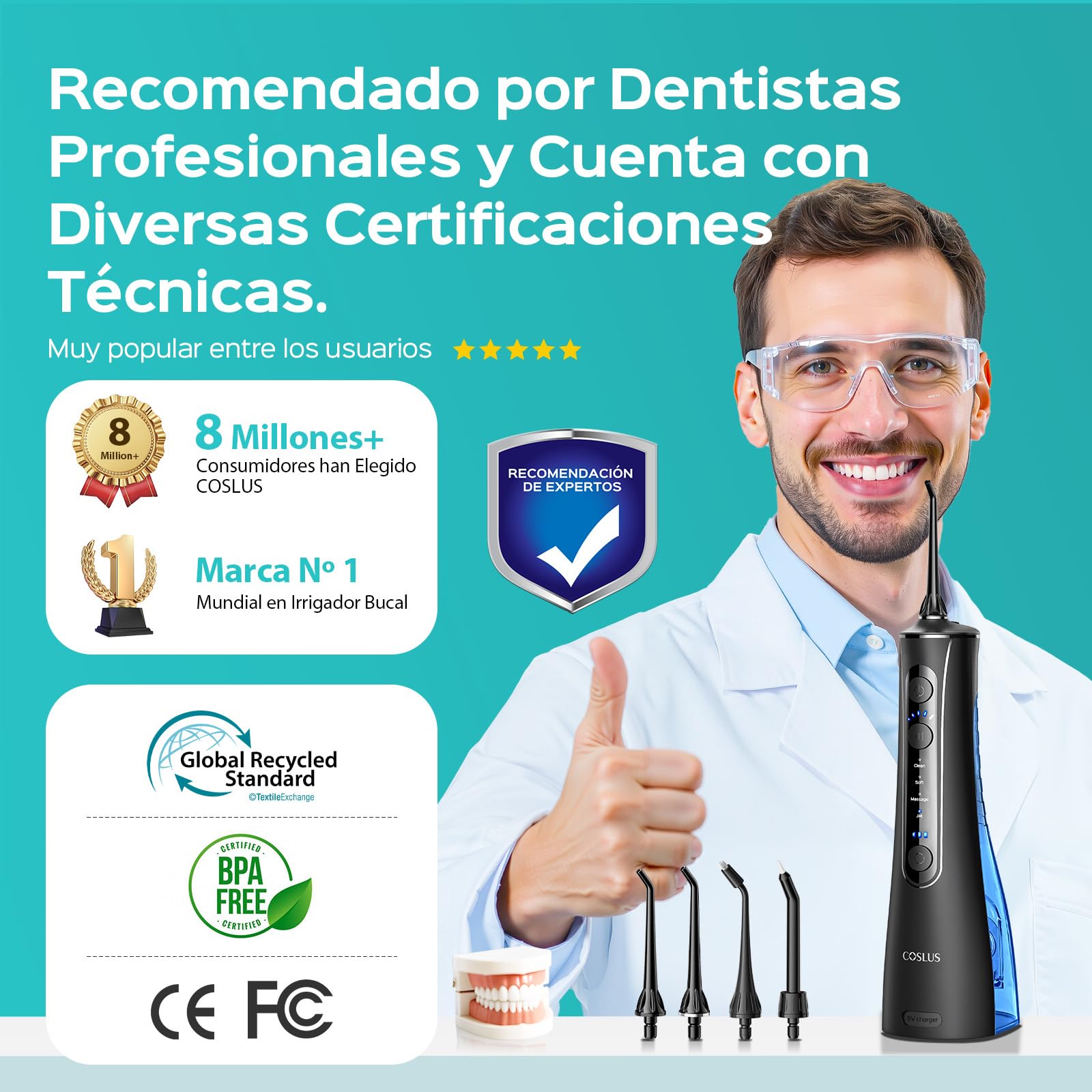 COSLUS Irrigador Dental Bucal Portatil: 4 Modos y 20 Presión - IPX7 Irrigador Bucal Inalámbrico para Salud Bucal Braces Encías Sensibles -Limpieza Dental de Viaje Hogar con 4 Boquillas -Negro Oscuro