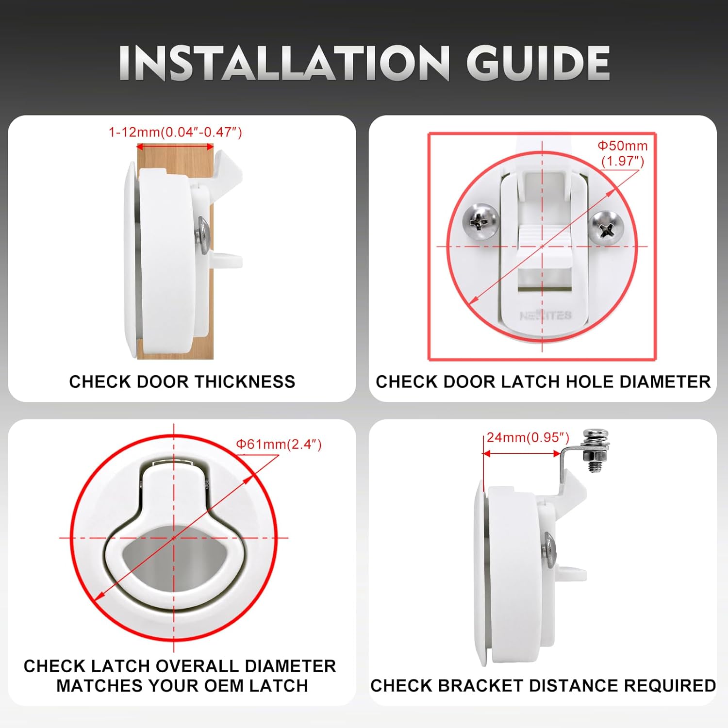 LENKRAD Slam Latch for RV Cabinets, Boat Flush Pull Door Latch Fits 2'' Hole, White Plastic Hatch Handle Ldeal for 1-12mm Door Thickness | Secure RV Latches Lock for Camper Trailer-2 Pcs