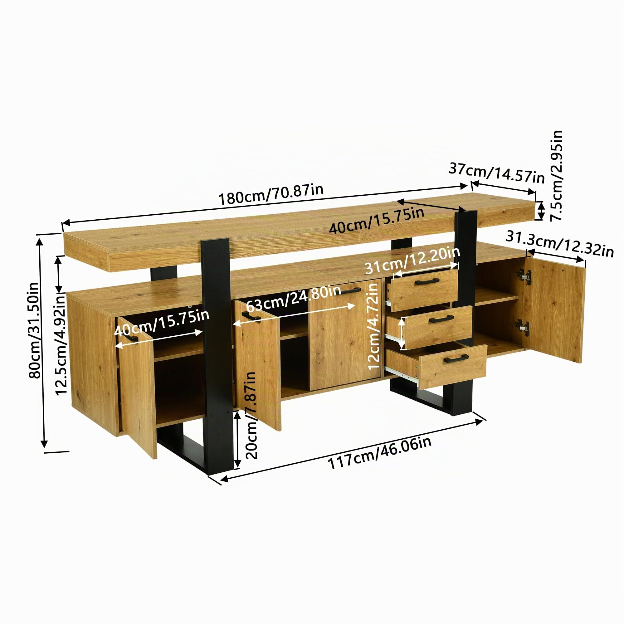 Mueble TV 180cm - Mueble TV Estilo Industrial, Muebles de Salon con 2 Cajones y 2 Puertas Armario, con Luces LED, Estructura Imitación Roble+Marco Negro, apto para Salón/Dormitorio 180x40x80cm