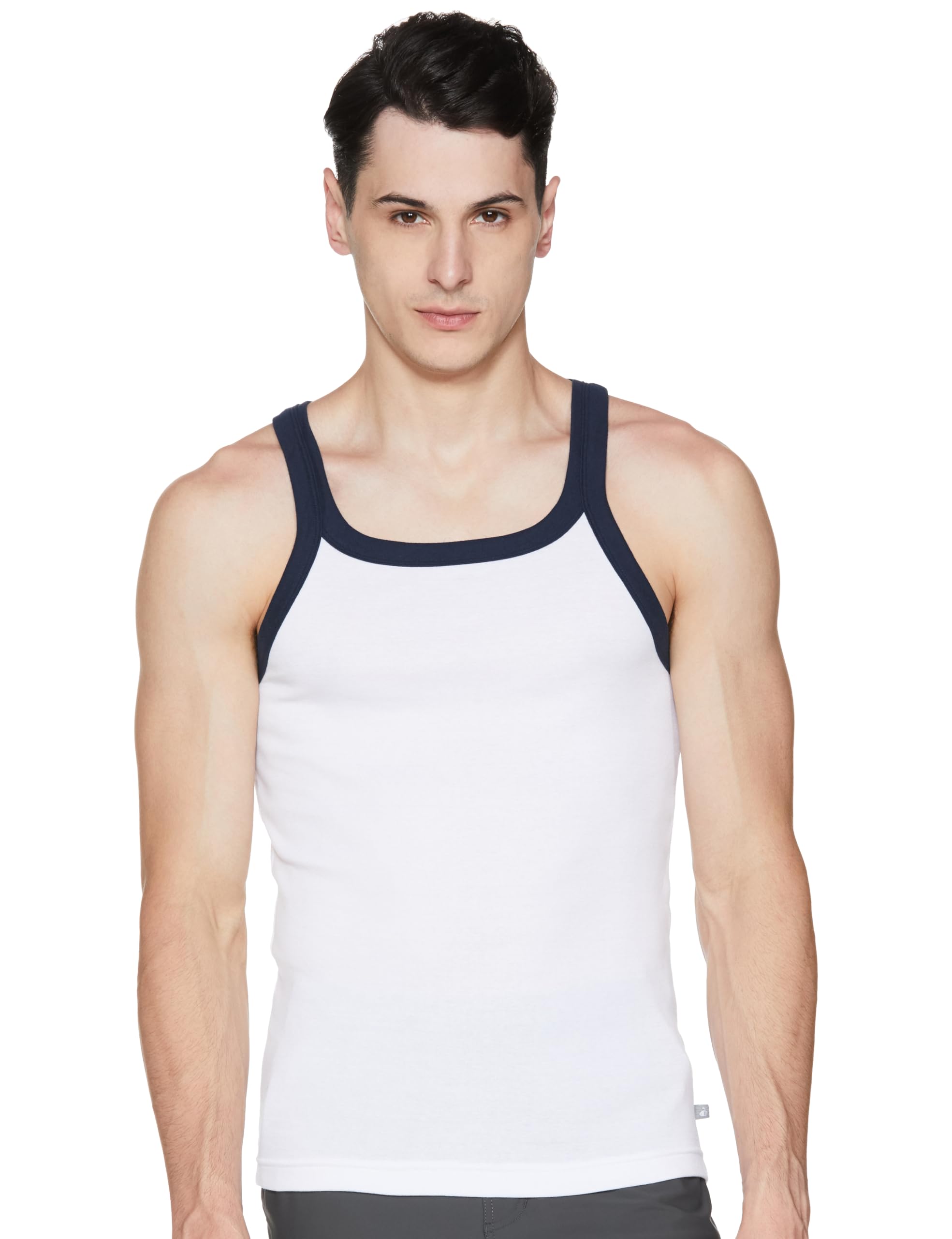jockey US27 Men's Super Combed Cotton Rib Square Neck Gym Vest (Shoulder Strap Color May Vary)_White & Navy_M-picture-19