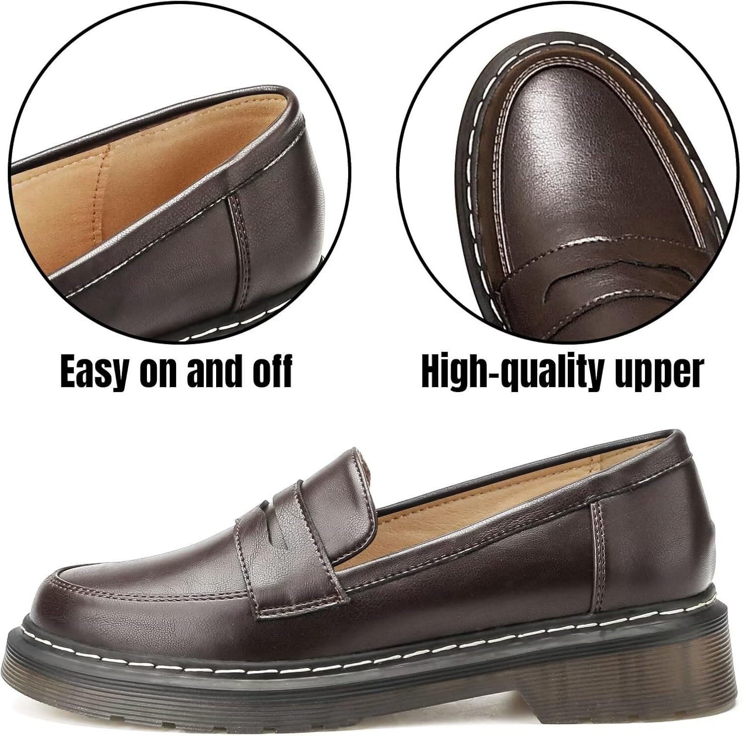 Loafers for Women Leather Chunky Platform Penny Shoes Classic Round Toe Comfortable Slip-On Dressy Fashion Driving Ladies Shoes