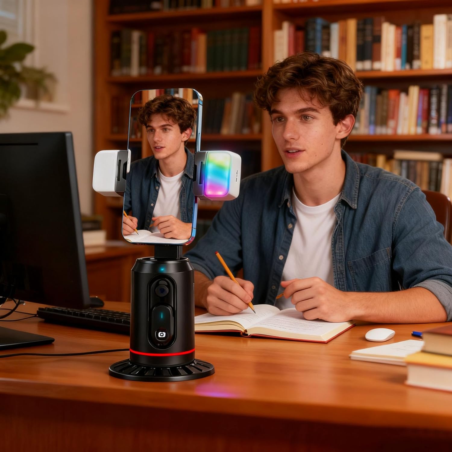 Built-in AI Camera Smart Auto-Tracking Phone Stand,Tripod for Face & Body, 360° Rotation with Gesture Control for Video Vlogging (Remote Control + Charging Cable + Fill Light)