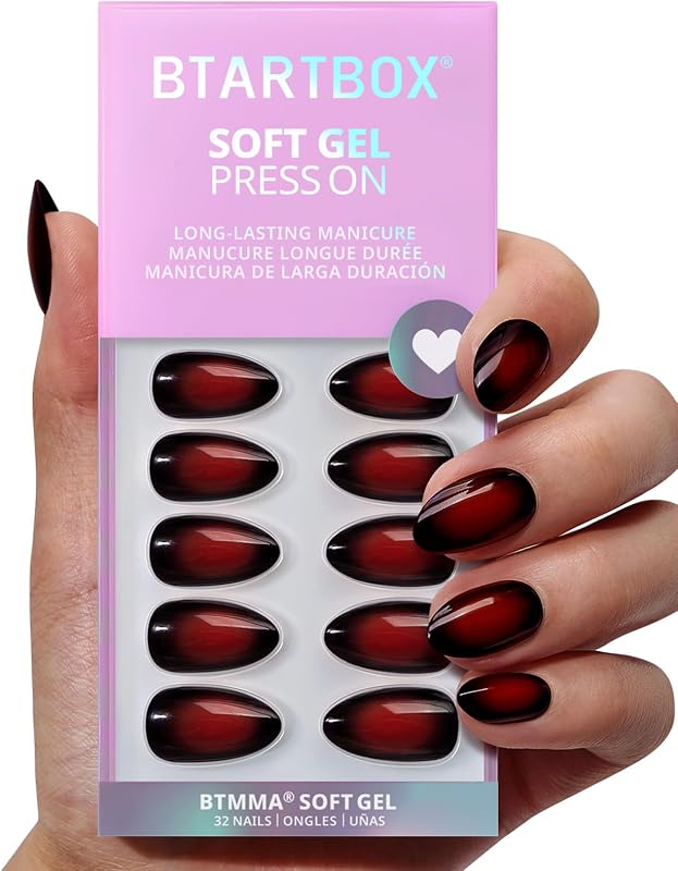 BTArtbox Press On Nails, Vampire Kiss, Short Almond, Halloween Nails, 32Ct | 2+ Weeks Wear, Salon-Quality Natural Nails, 10-Minute Easy Daily Application, Fast Removal, 16 Sizes, All-in-One Complete Kit