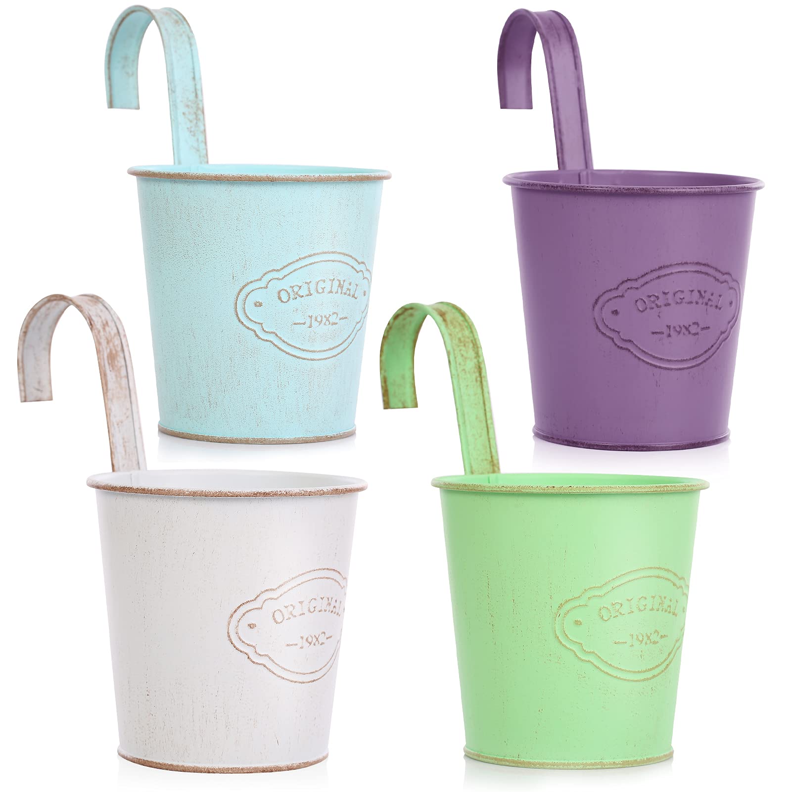 CITÉTOILE Set of 4 Hanging Flower Pots with Drainage Hole, Colourful Metal Flower Pot with Removable Hooks, Vintage Style Decoration, Balcony, Garden, Wall, Fence, Outdoor, Interior Wall, Model 02