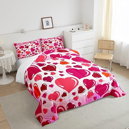 Miniatura 4 de Erosebridal Juego de edredón de matrimonio para parejas, diseño de corazón de San Valentín, juego de ropa de cama con corazones de amor rojo y rosa