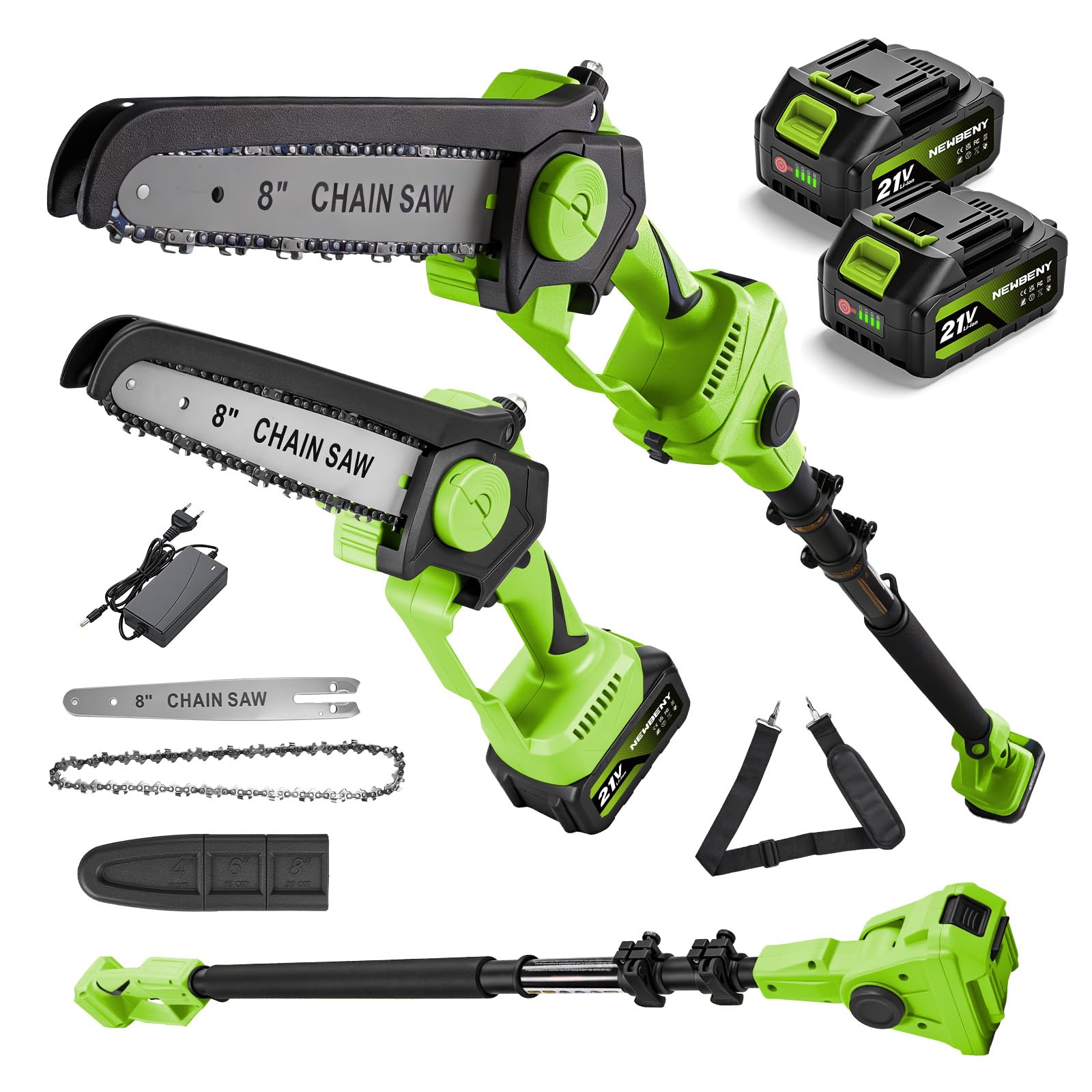2 en 1 Elagueuse sur Perche, 8 Pouces Mini Tronçonneuse Electrique avec 2 Batteries 3.0Ah et Perche Télescopique, Outils de Jardinage pour l'élagage des Arbres et la Coupe des Branches