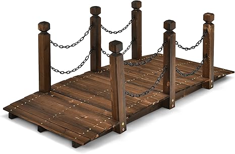 Image COSTWAY Wooden Garden Bridge, 1.5m Decorative Pond Bridges with Chain Railings, Arc Stained Outdoor Lawn Stream Walkway for Yard Patio Courtyard