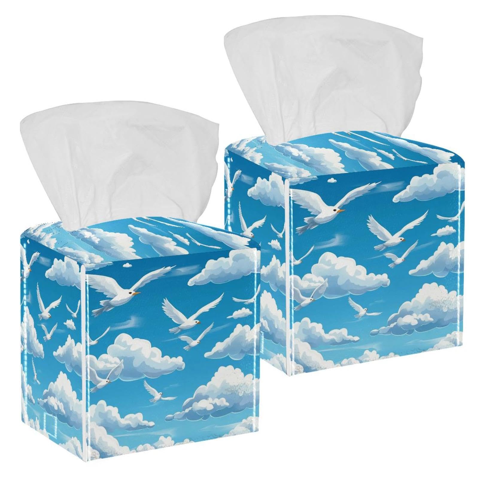 Birds and Clouds Tissue Box Cover, 2 Pack PU Leather Square Facial Tissue Dispenser Box holder for Home Office Car