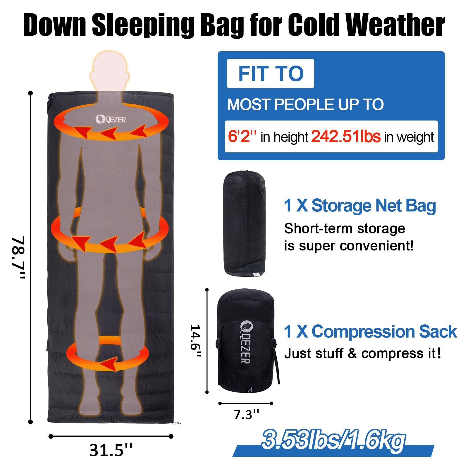 Saco de Dormir Plumón Invierno 1000g - 3 en 1, Diseño de Cámaras Térmicas sin Capucha, Compresión 40x21cm (Camping/Senderismo) - Conectable para Parejas