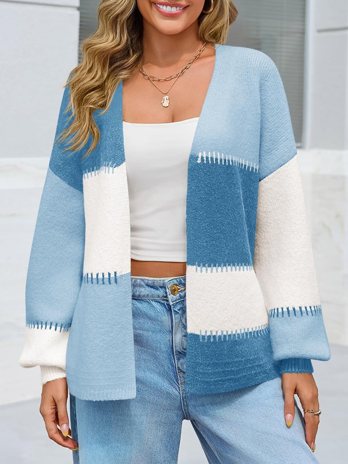 Yousify Womens Cardigan Sweater Color Block Open Front Long Puff Sleeve Casual Chunky Knit Cardigans 2025 Fall Outerwear - Image 2