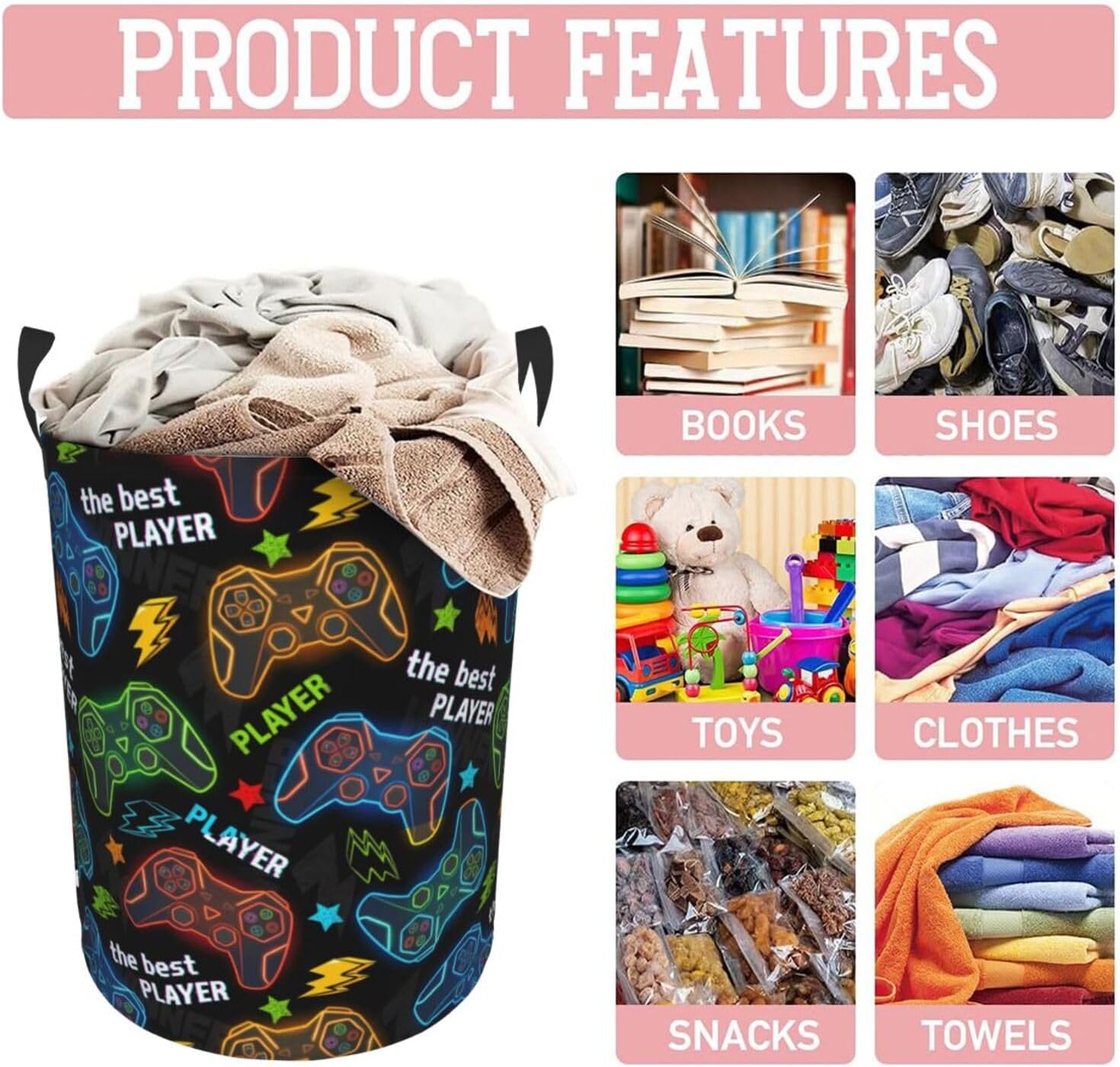 Game Round Laundry Hamper Gaming Gamer Storage Basket Toys Clothes Organizer Bin For Home Bathroom Bedroom Dorm Nursery, 62l