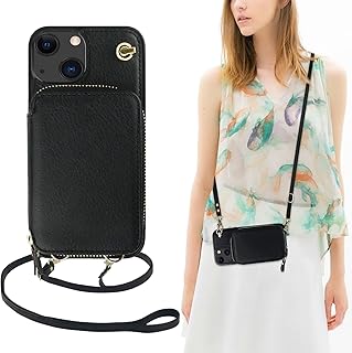 Bocasal Crossbody Wallet Case for iPhone 13, RFID Blocking Leather Purse Case with Card Holder, Protective Handbag Flip Cover with Zipper Wrist Strap Lanyard for Women 5G 6.1 Inch (Black)