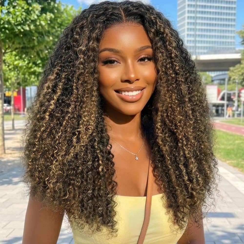 Haarpflege 7x5 Lace Glueless Human Hair Wig Highlight Ombre Brown Mit Blonden Verworrenen Locken Mit Kordelzug(16inches)