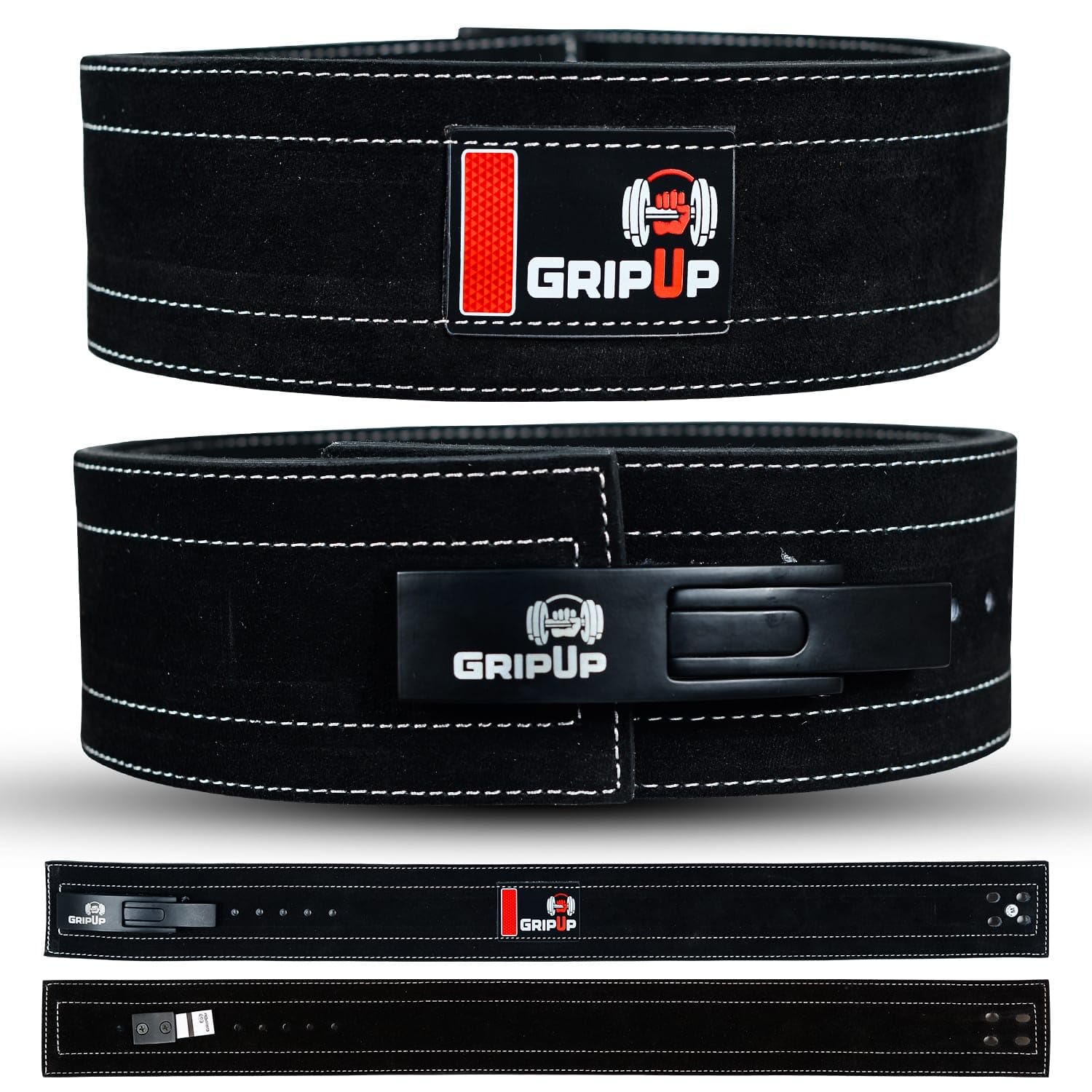 GripUp Powerlifting Belt for Weight lifting Lever Buckle Leather Gym Belt 10mm Thick 4-Inch Lumbar Back Support Men Women for Bodybuilding Deadlifts Dips Strength Training Workout (Black, L)
