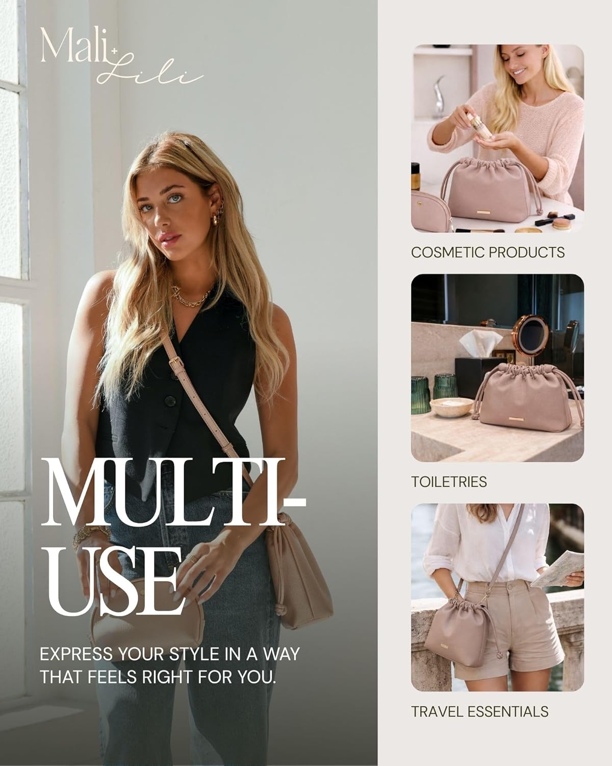 Mali+Lili Lola Beauty Bag Duo, Makeup Bag Travel Cosmetic Bag Set of 2, leather Purse Crossbody Bags for Women and Girls, Cute Makeup Pouch, Travel Pouch, Crossbody Purses for Women | Duo - Image 6