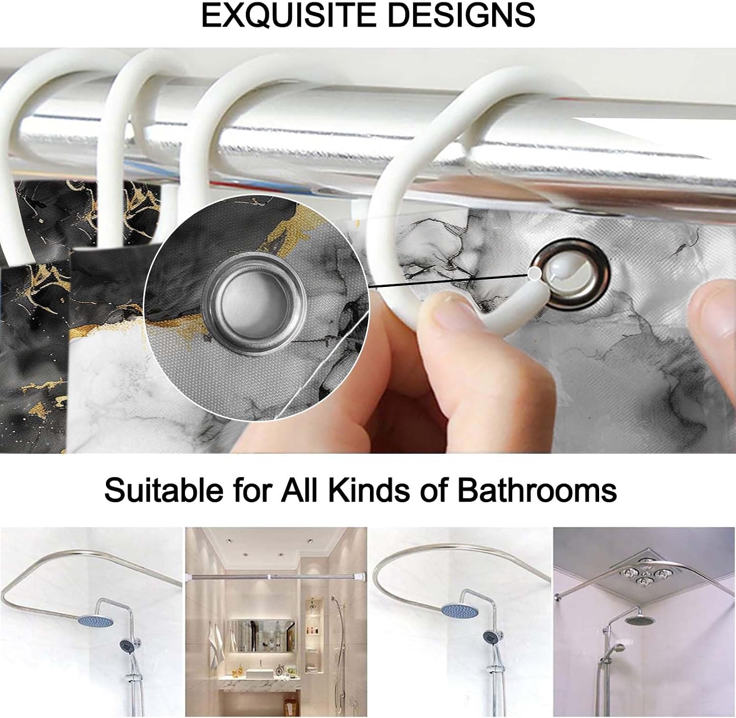 Lnond 4Pcs Bathroom Sets with Shower Curtain and Rugs, Marble Bathroom Shower Curtain Sets, Black White Gold Modern Art Bathroom Sets with Rugs and Accessories thumbnail