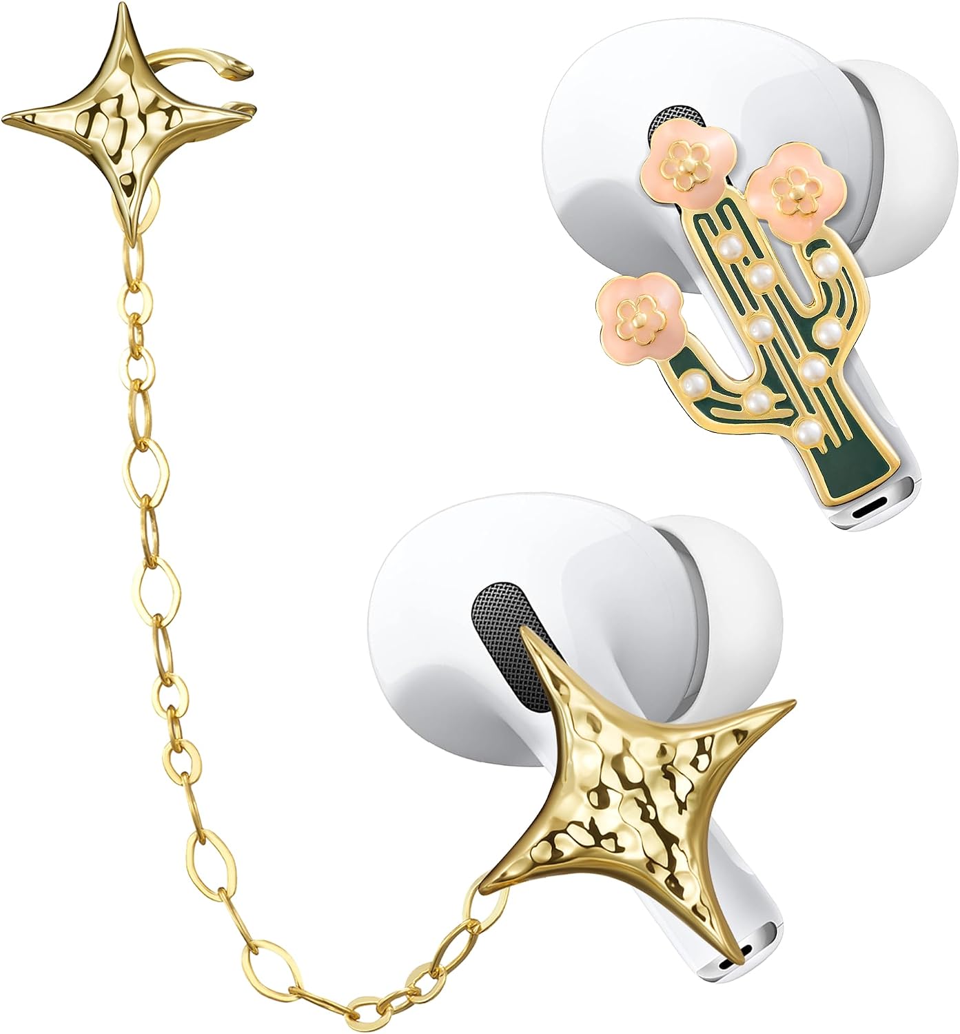 Airpods Jewelry - Fashion Adjustable Star Ear Hook Non-Piercing Earbud Anti Slip Grip Chain, Pretty Cactus Women Running Travel Earpod Accessory for Airpods 4/ Pro 3 / Pro 2 (2pcs Gold, Portable Box)