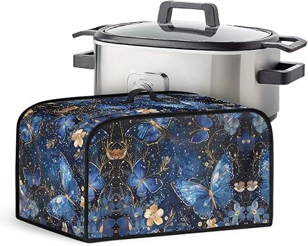 Blue Butterfly Print Slow Cooker Cover Washable Slow Cooker Dust Cover Oval Crock Pot Cover with Mesh Pocket Keep Appliance Clean for Home Kitchen Dining Room Decorations