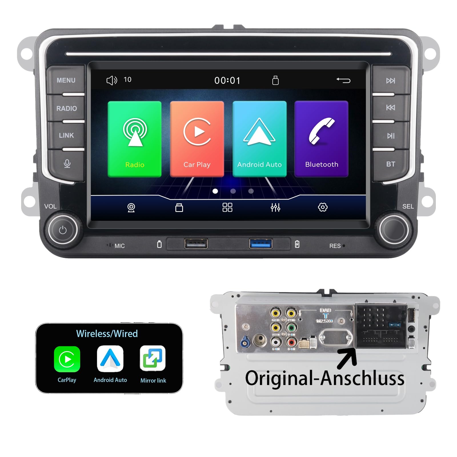 Spezialanschluss-Autoradio für VW Golf 5, 6, T5, Polo 6R, Passat mit Linux-System | Kabelloses CarPlay/Android Auto/Bluetooth/FM/AM/RDS/USB HiFi 100W