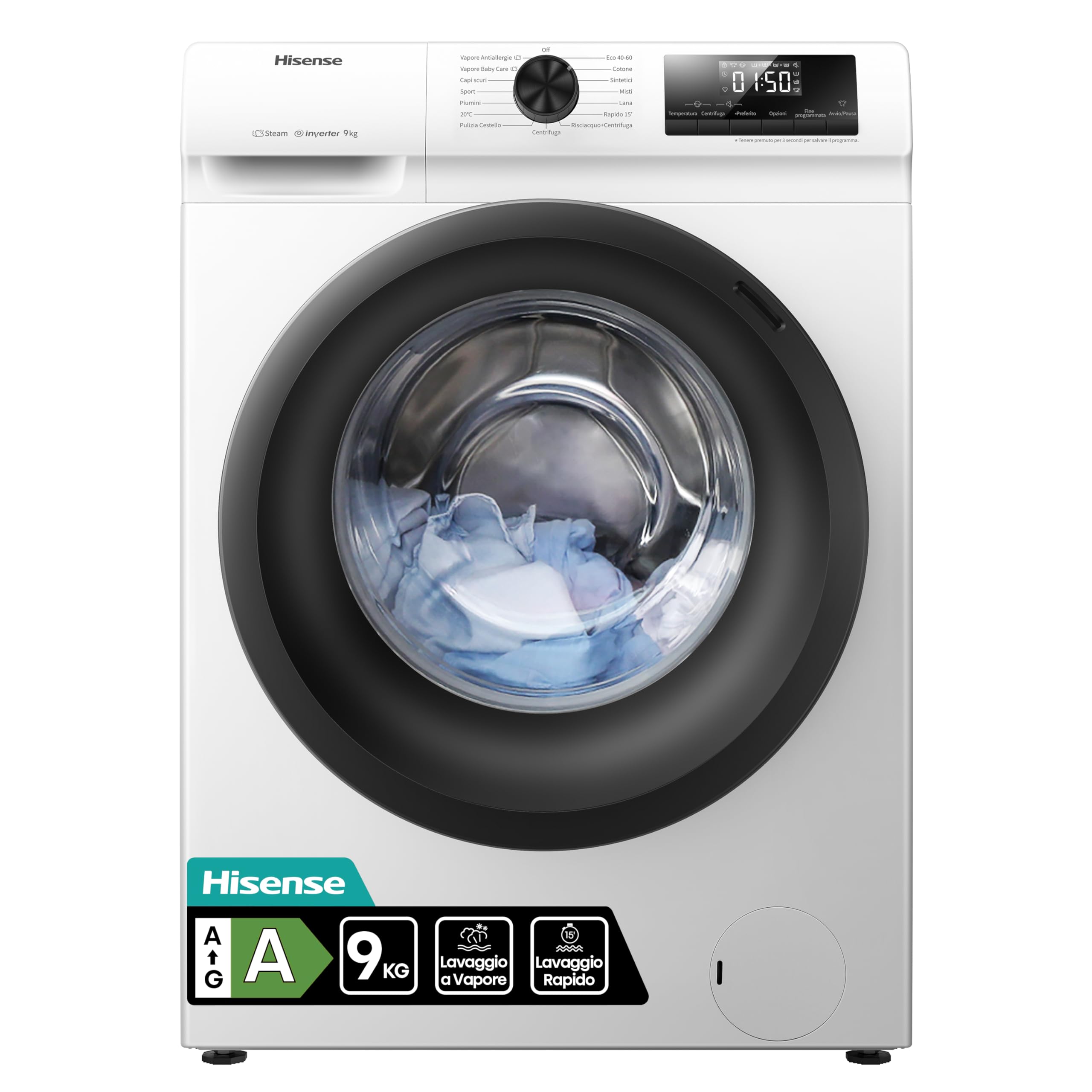 Hisense WFQE9014EVJM - Lavatrice a Carica Frontale 9 Kg, 1400 rpm, Classe A, 15 Programmi, Vapore, Display LED, Programma Rapido, Partenza Ritardata, Child Lock