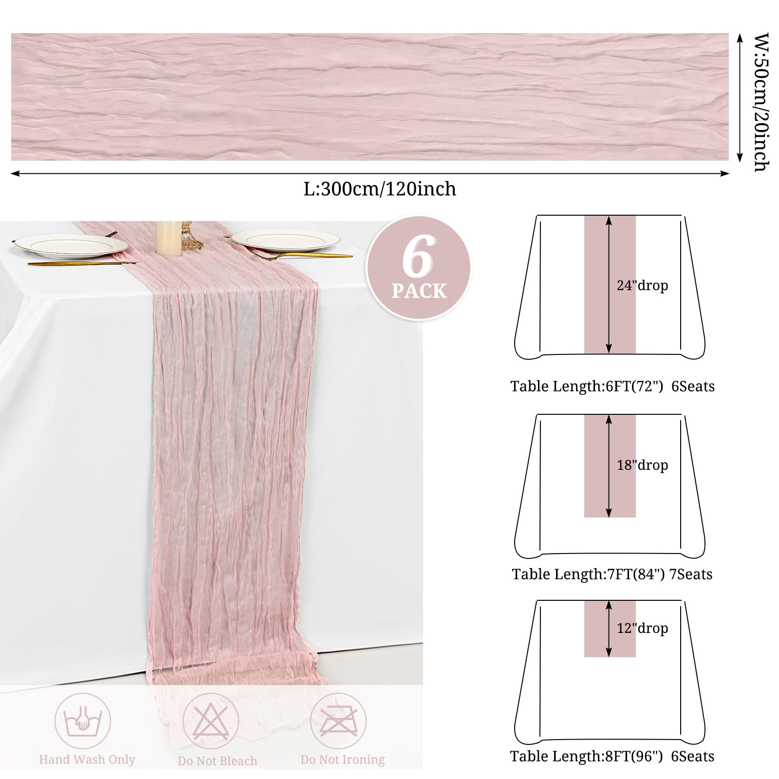 6 Stück Staubiges Rosa Tischläufer,55 x 300 cm Cheesecloth Tischläufer