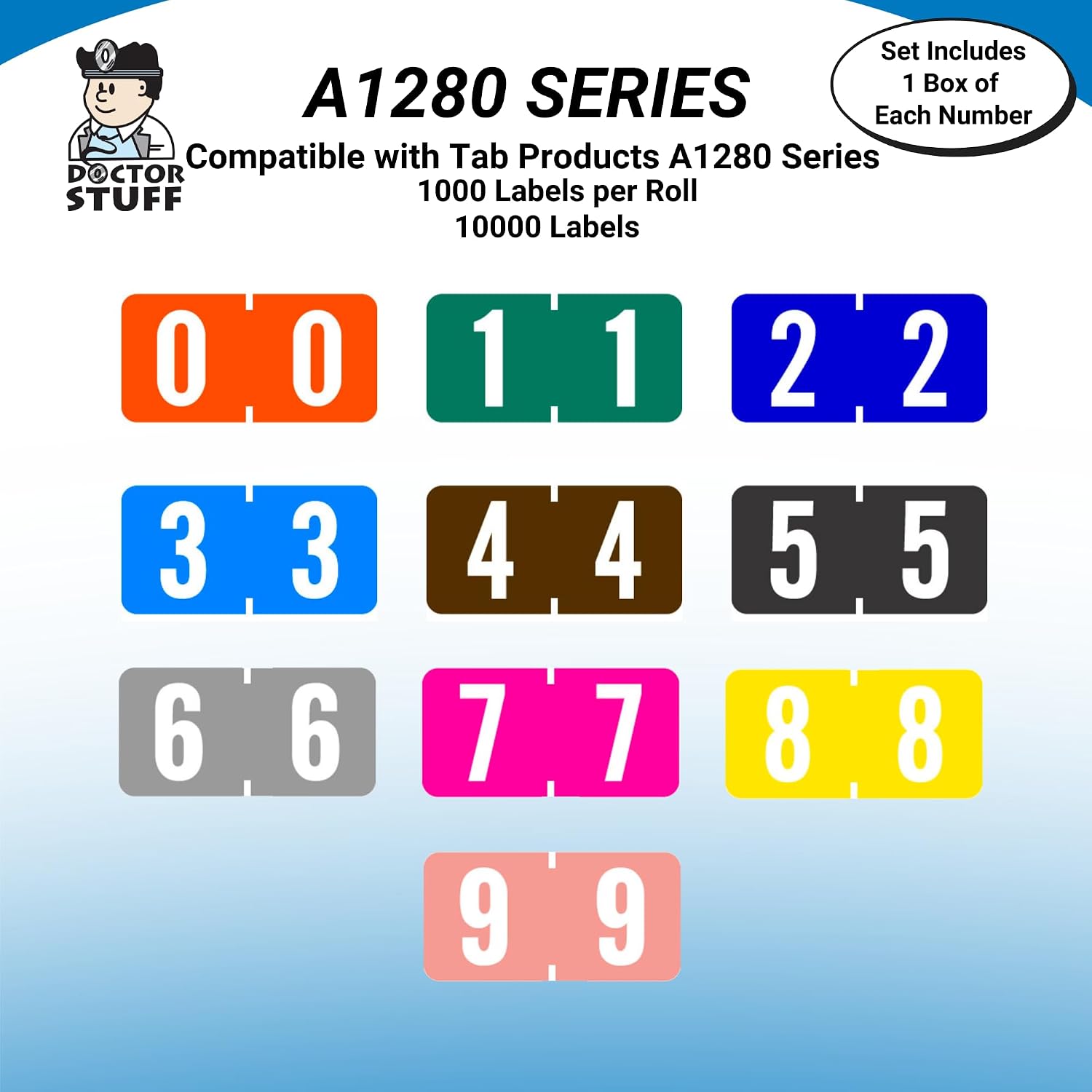 Doctor Stuff - File Folder Labels, Complete Set of Numbers 0-9, Tab Products 1280 Match - A1280 Series Chart Stickers, 1/2" x 1", 1000/Roll