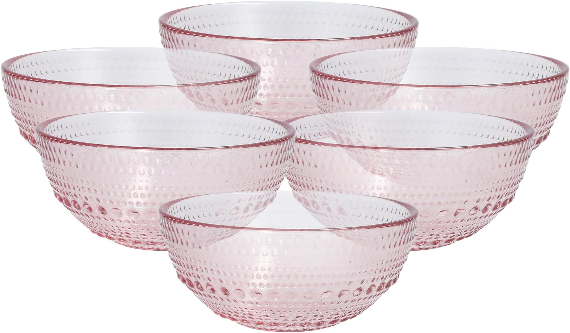 FORTESSA Jupiter Beaded Hobnail Glass Vintage Themed Collection, 14 Ounce All-Purpose Glass Bowl (6 pack) Dishwasher-Safe, Snack Bowl For Cereal, Salad, or Dessert, Pink