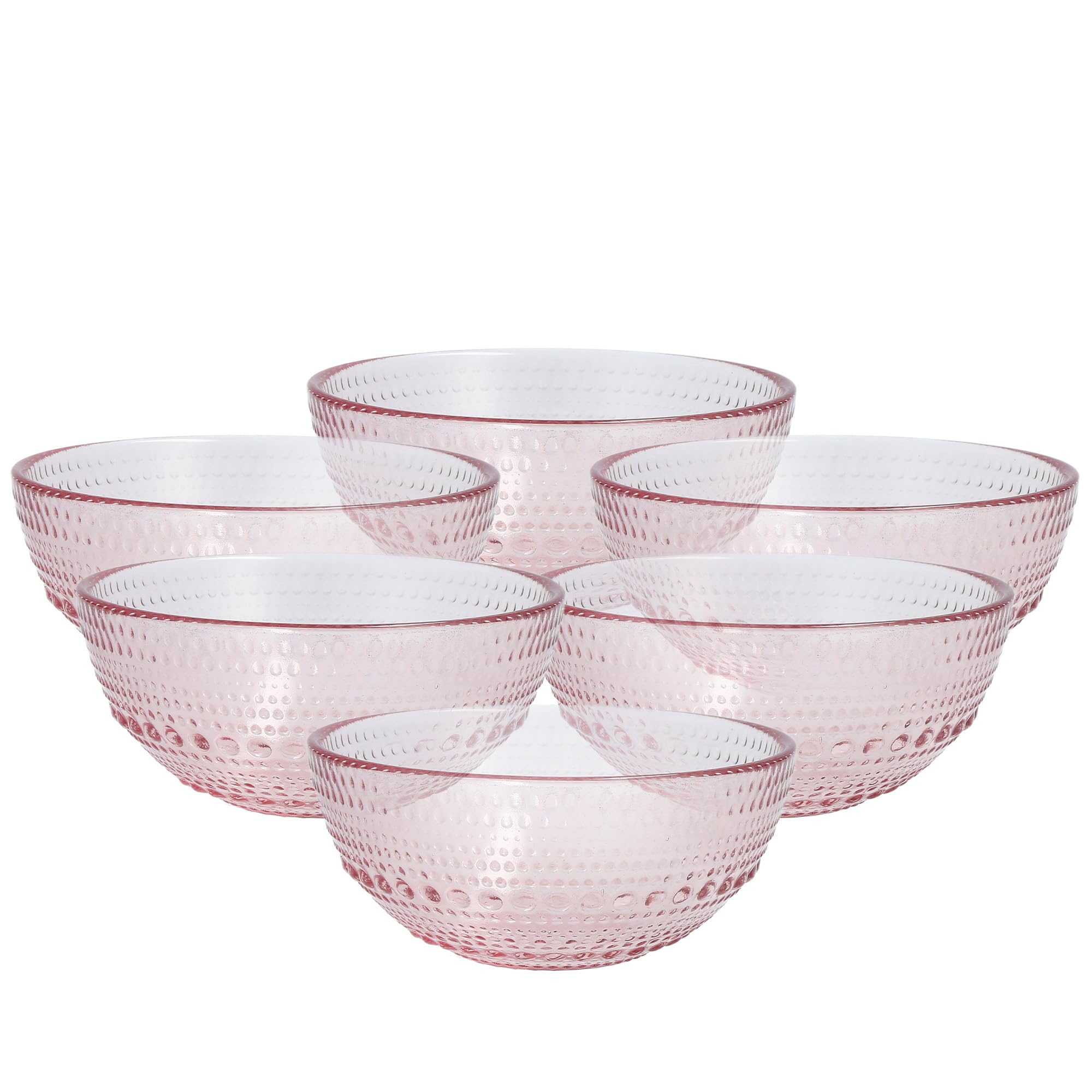 FORTESSA Jupiter Beaded Hobnail Glass Vintage Themed Collection, 14 Ounce All-Purpose Glass Bowl (6 pack) Dishwasher-Safe, Snack Bowl For Cereal, Salad, or Dessert, Pink