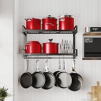 Vista 7 de 19"- 30" Expandable Hanging Pot Rack, 2 Tier Heavy Duty Wall Mounted Pots and Pans Organizer with 10 Hooks and 5 Pot Lid Holders, Pot Hanger Shelf