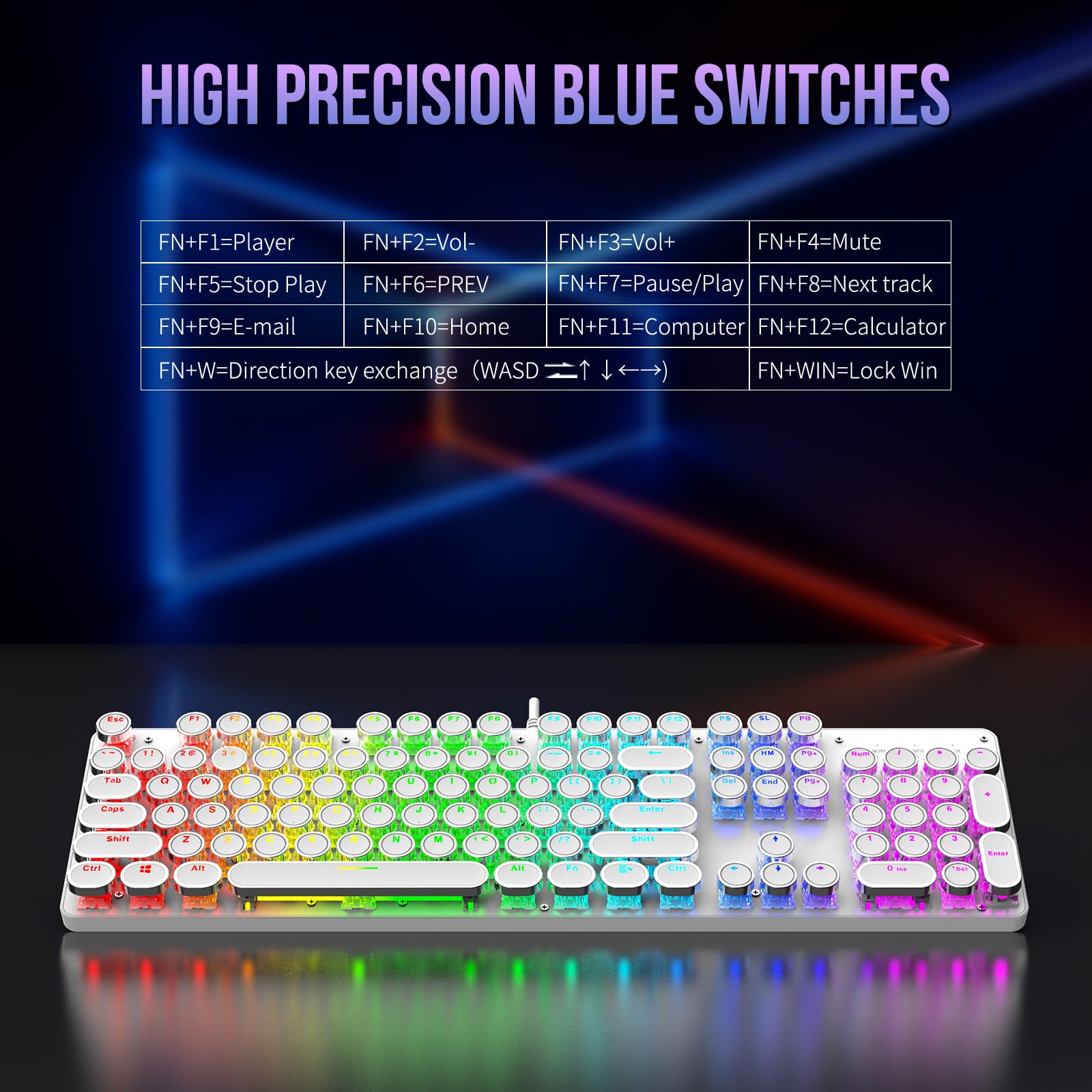 Mechaniczna klawiatura do gier z czerwonymi przełącznikami z podświetleniem RGB, 104 klawisze, okrągła nasadka klawiszy retro, przewodowa, styl maszyny do pisania, wygodny dźwięk pisania (biała RGB)