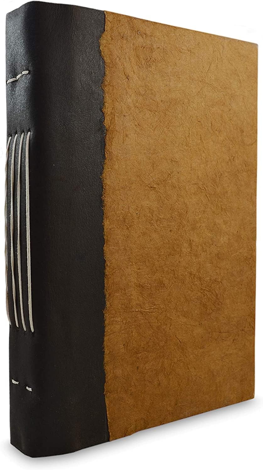 Kathmandu Valley Co. Nepali Collector Journal, Leather & Lokta, Writing Hardcover Office Notebook Planner with Handmade Paper. Made in The Himalayas of Nepal. (6x9, Busy Bee)