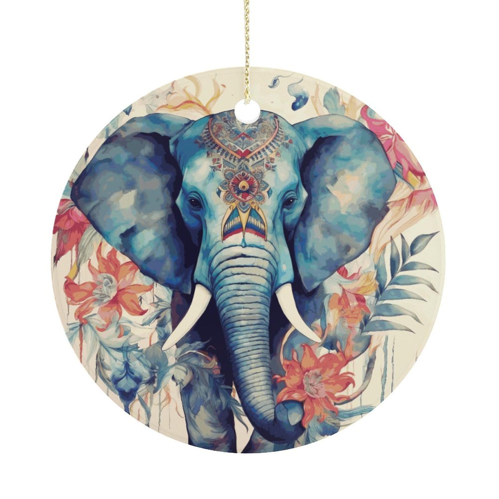Peacock Feathers Elephant Christmas Ornaments Colorful Round Ceramic Ornament Christmas Hanging Decor Christmas Tree Decorations Xmas Keepsake for Women Men Xmas Holiday Party