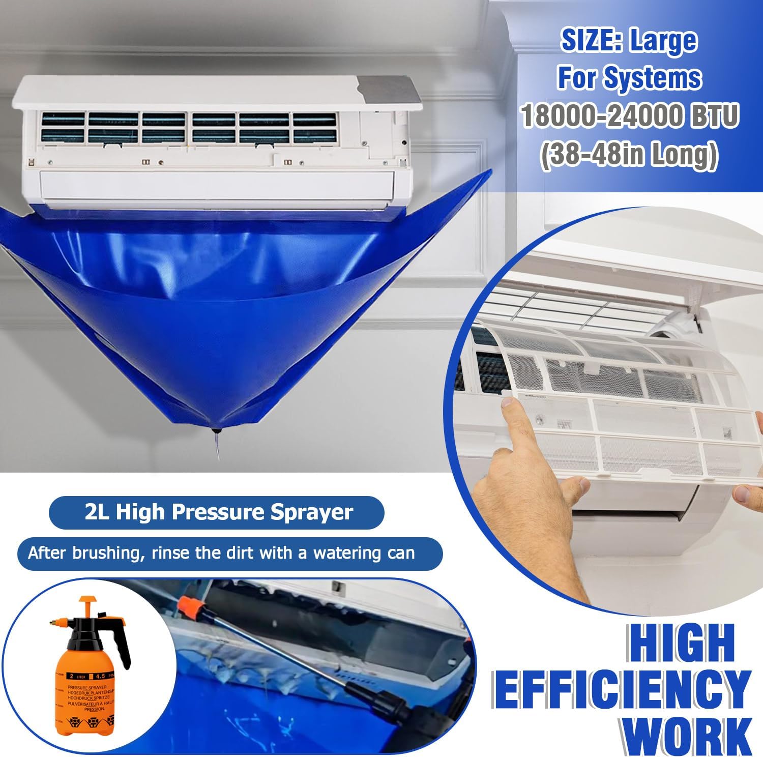 BOJACK Mini Split Cleaning Bag Kit with 2L High Pressure Sprayer, Air Conditioner Cleaning Kit, Air Duct Cleaning Kit, AC Cleaning Bag Fits Systems 38in - 48in Long