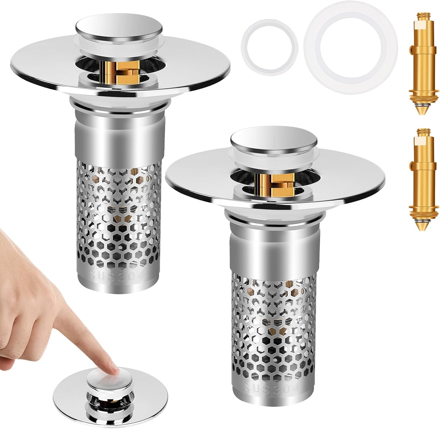 Adoric Bathroom Sink Stopper 2Pack, Sink Drain for Bathroom Pop Up Stopper with Removable Stainless Steel Filter Basket Hair Catcher for Standard 1.06"-1.50" Sink Basin Hole