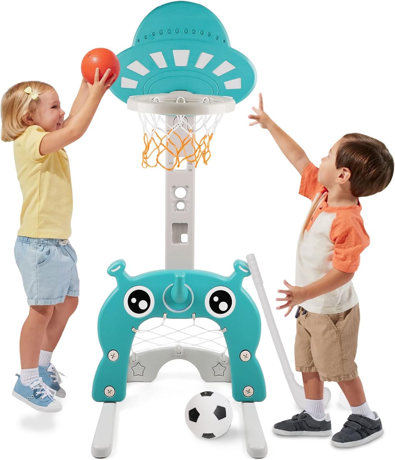 NUKied Basketball Hoop for Kids 4 in 1 Sports Activity Center Grow-to-Pro Adjustable Easy Score Basketball Hoop Football/Soccer Goal Golf Game Ring Toss Best Gift for Kids Baby Infant Toddler