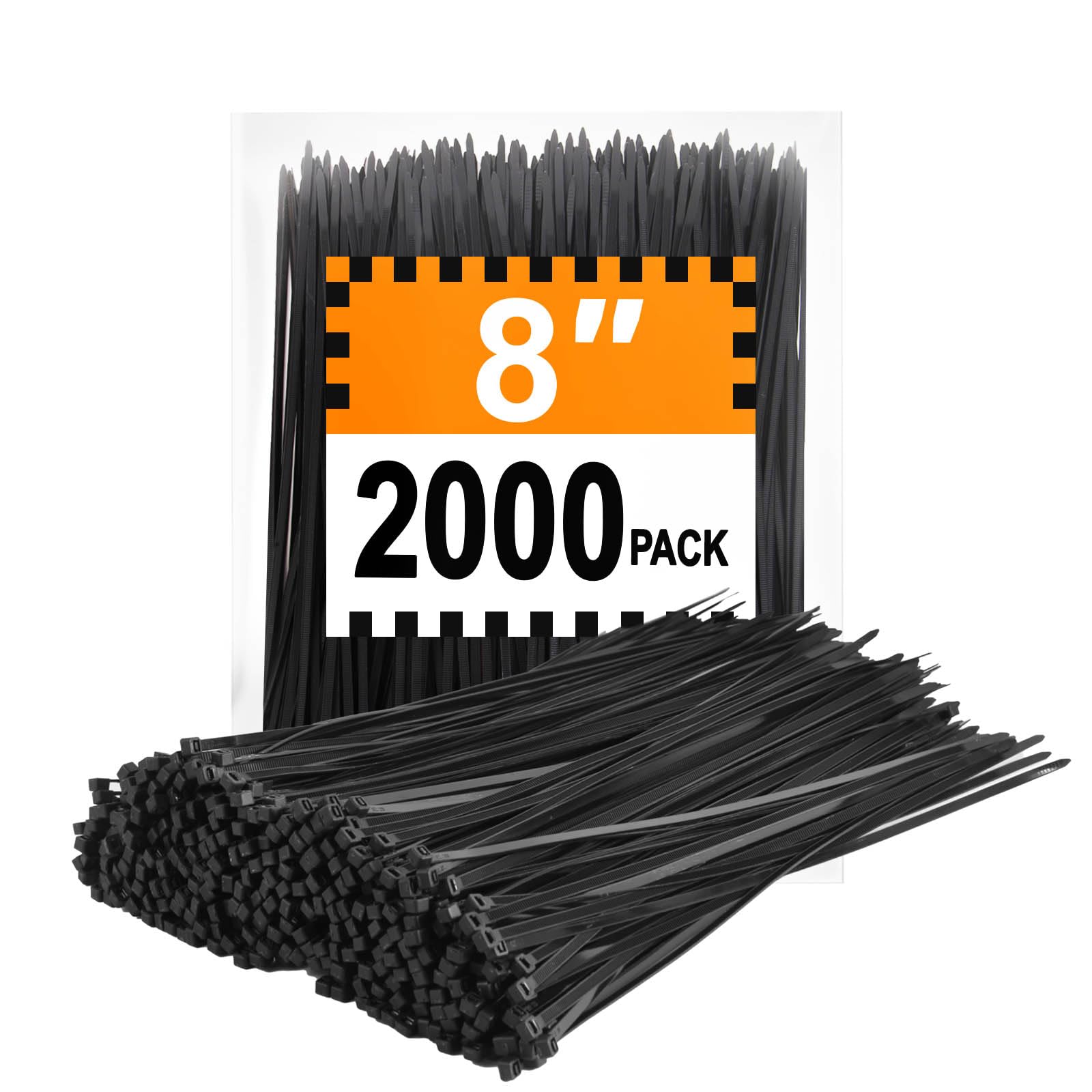 Zip Ties 8 inch (2000 Pack), 40 lb, Black Wire Ties, UV Resistant Cable Ties for Outdoor Use, LOCKLOCK