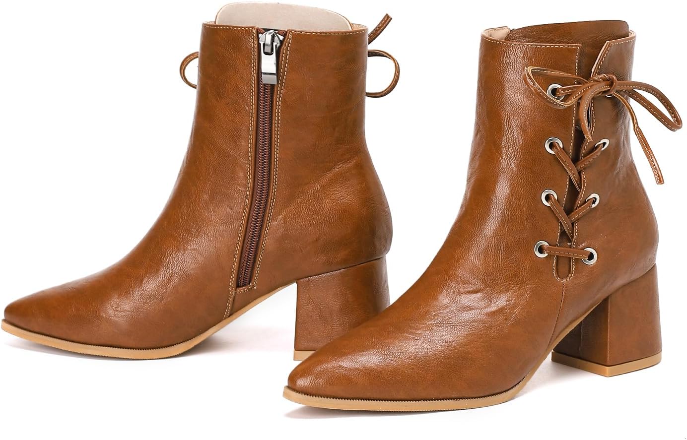 GATUXUS Women's Chunky Mid Heels Ankle Boots Leather Sexy Pointed Toe Side Zipper Lace-up Short Booties Dress Shoes - Image 4