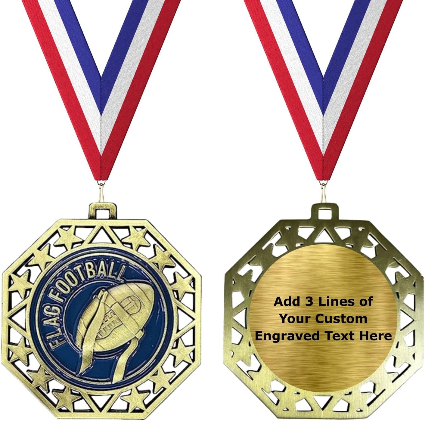 Express Medals Pack of 10 (or More) EMDC Gold Flag Football Award Medals with or Without Optional Engraving Personalization