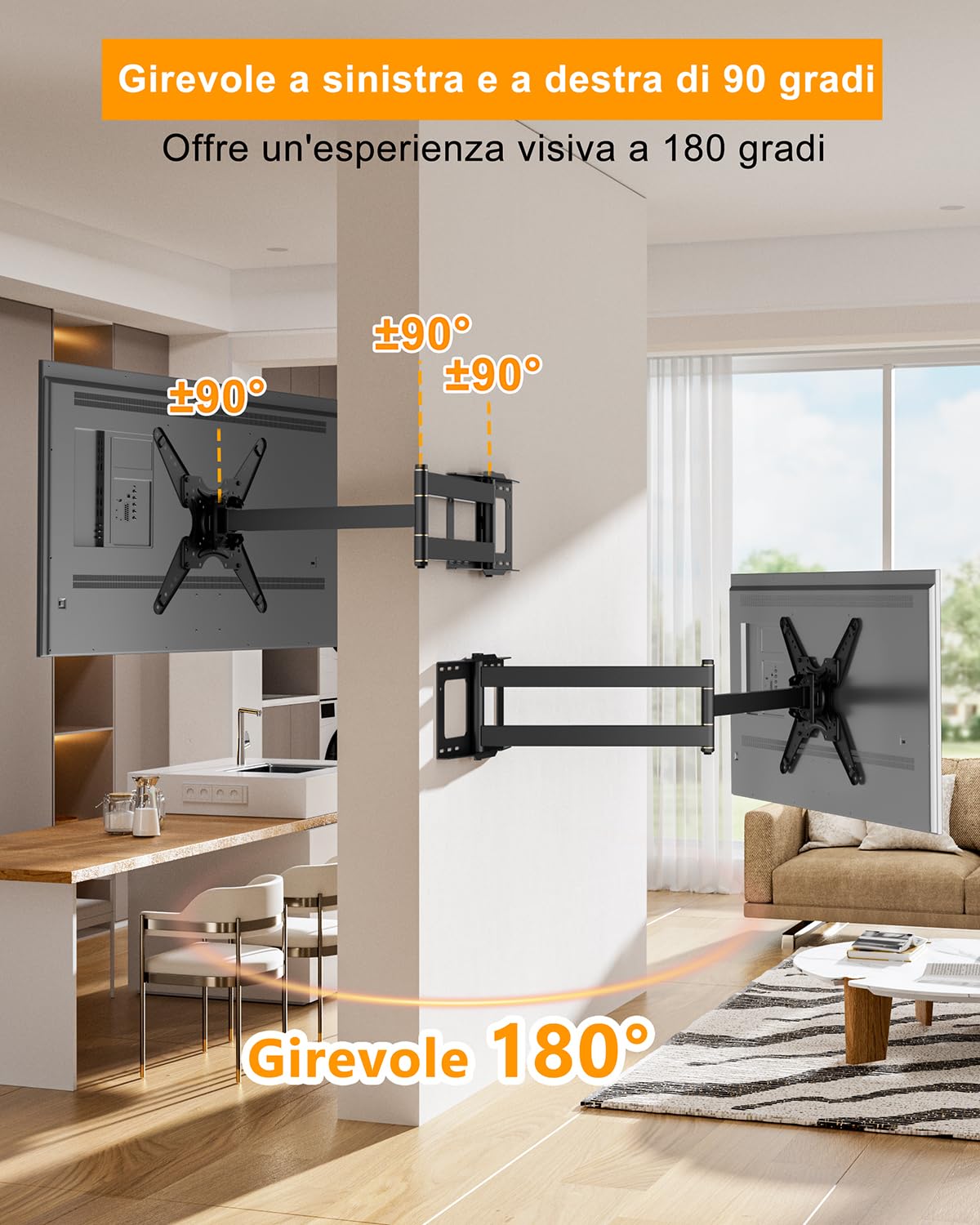 Staffa da parete TV a Lunga Portata con Rotazione di 90° con Bracci Articolati da 1219mm, Staffa per Montaggio a Parete Full Motion per TV e Monitor da 26-65 Pollici, Carico 45kg, VESA 400x400mm