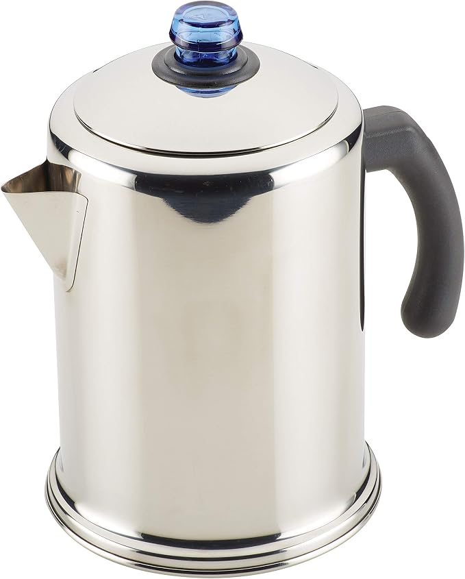 Farberware Classic stainless steel 12-cup stovetop percolator with blue glass knob