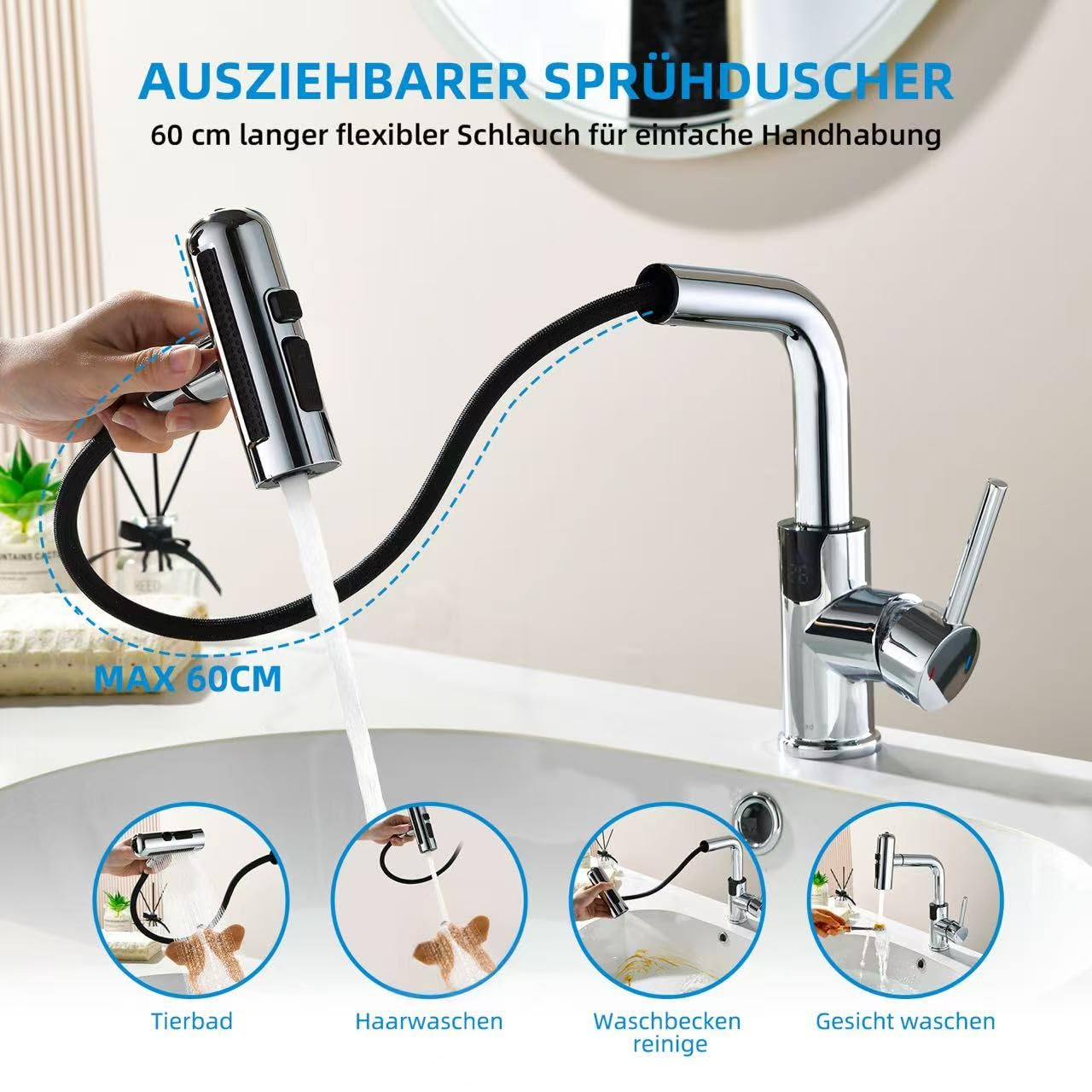 Rubinetto Bagno Lavabo Doccetta Estraibile Cromato LED Temperatura | Miscelatore Lavabo Bagno Mynaiad Monocomando con 4 Getti, Girevole 360°,Finitura Cromata Anti-impronte