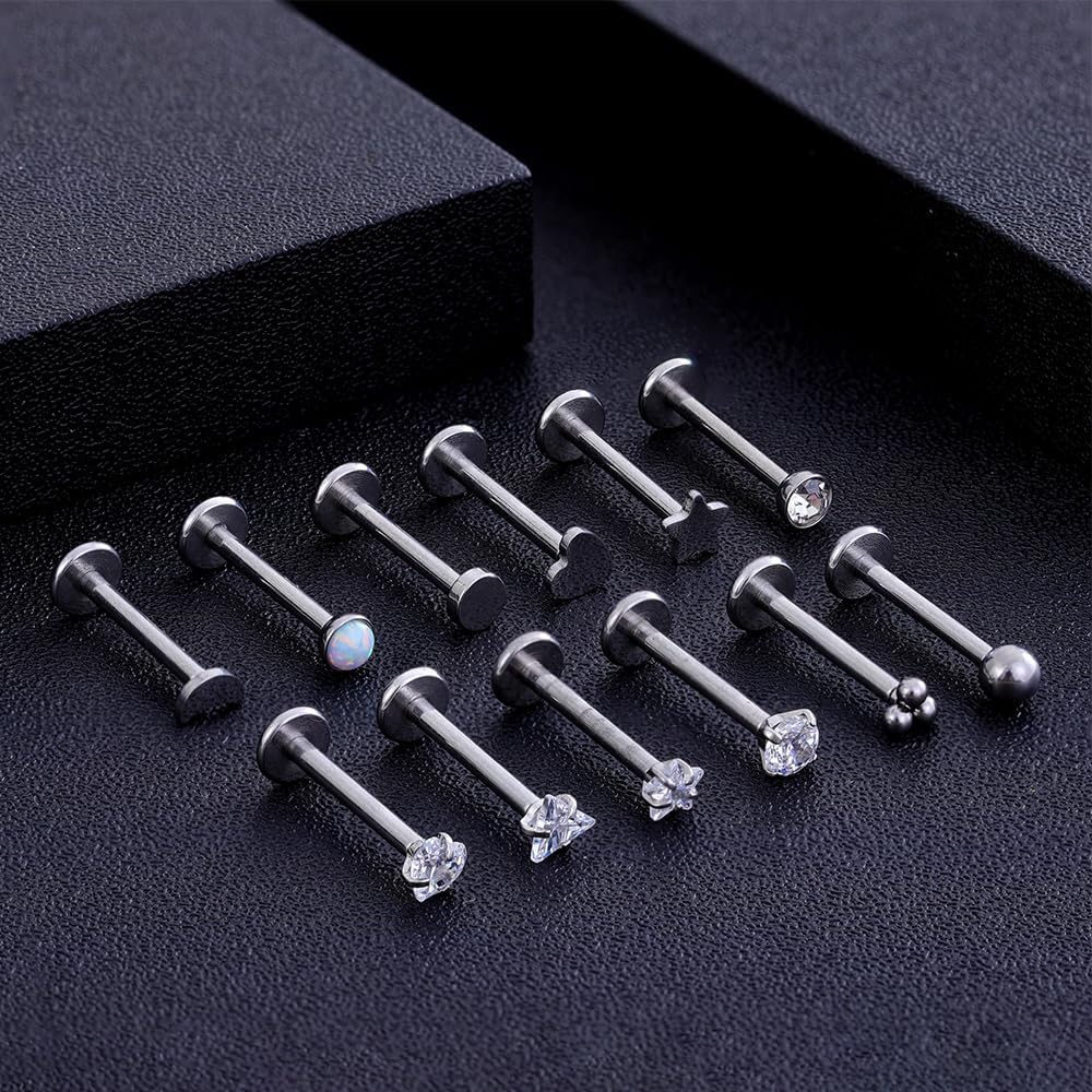 TOPBRIGHT 12Pcs 16G 18G Flat Back Earrings 316L Surgical Steel Threadless Tragus Cartilage Nose Stud Push Pin Lip Stud Rings Medusa Piercing Jewelry Hypoallergenic for Women Men - Image 5
