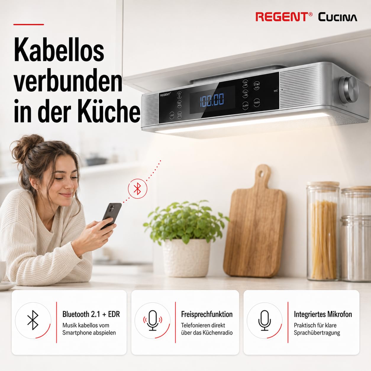Regent Cucina Unterbau Küchenradio mit FM, Bluetooth, LED-Leiste, Farbdisplay, Küchentimer & 2 Wecker, perfektes Unterbauradio für die Küche, Farbe: Silber