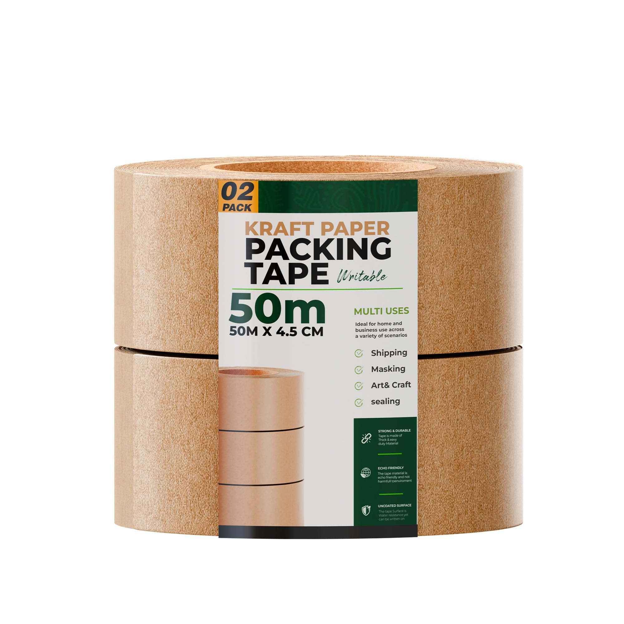 LEDSone Kraft Paper Packing Tape 2 Rolls With Industrial Strength Long 50m x 48mm Suitable For Carton Sealing Brown Eco Friendly Tear Resistant Adhesive For Secure Moving Mailing Storage
