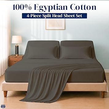 Cottingon 4 PC Split Head King Sheet Set Dark Grey Solid | 100% Egyptian Cotton, 28 Split, Sleep Number, Fits 16 Deep