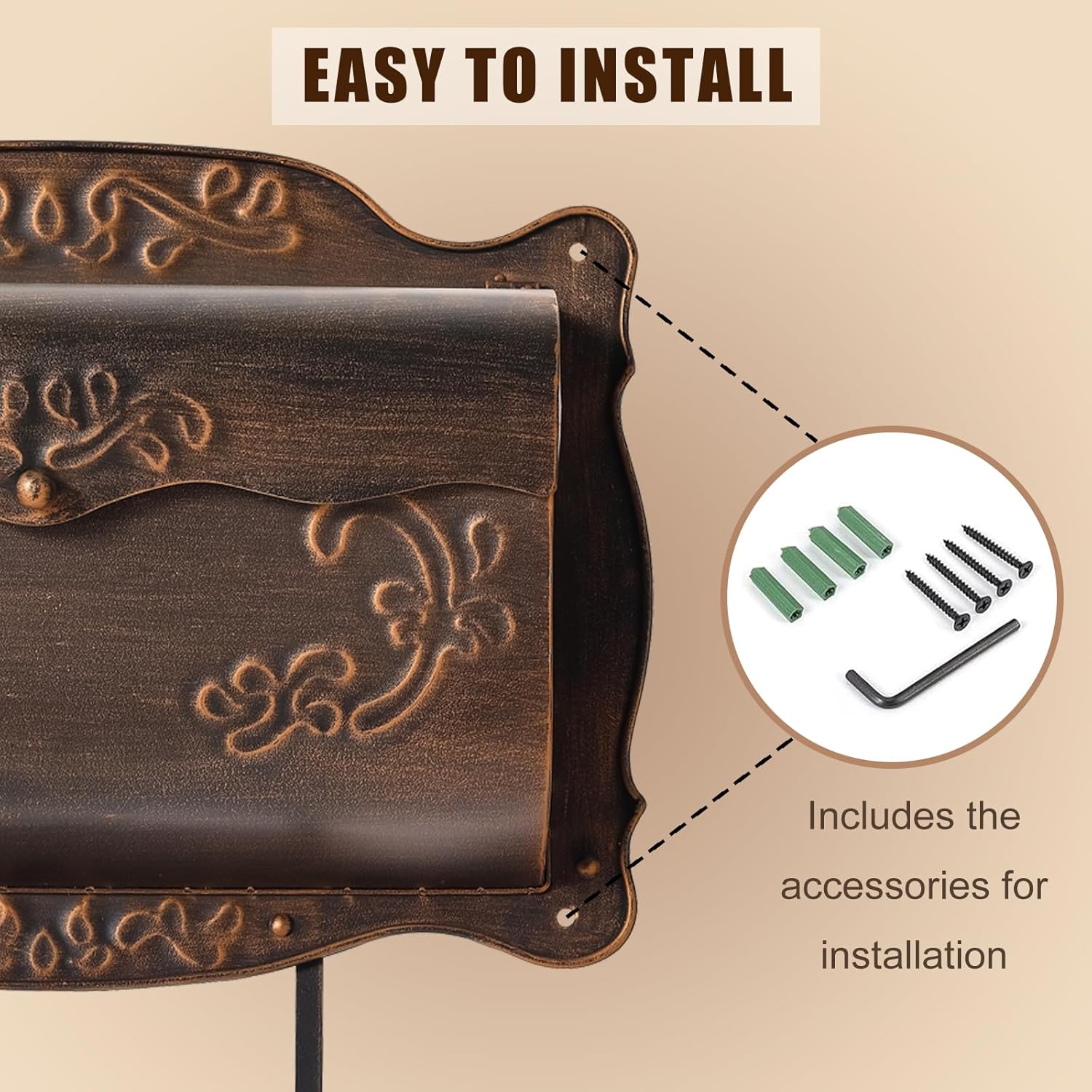 Wall Mount Mailbox with Newspaper Holder, Vintage Metal Wall Mailboxes for Outside, Decorative Front Porch Mail Box Mounted, Horizontal Mailbox with Antique Floral Design for Outdoor and House Garden