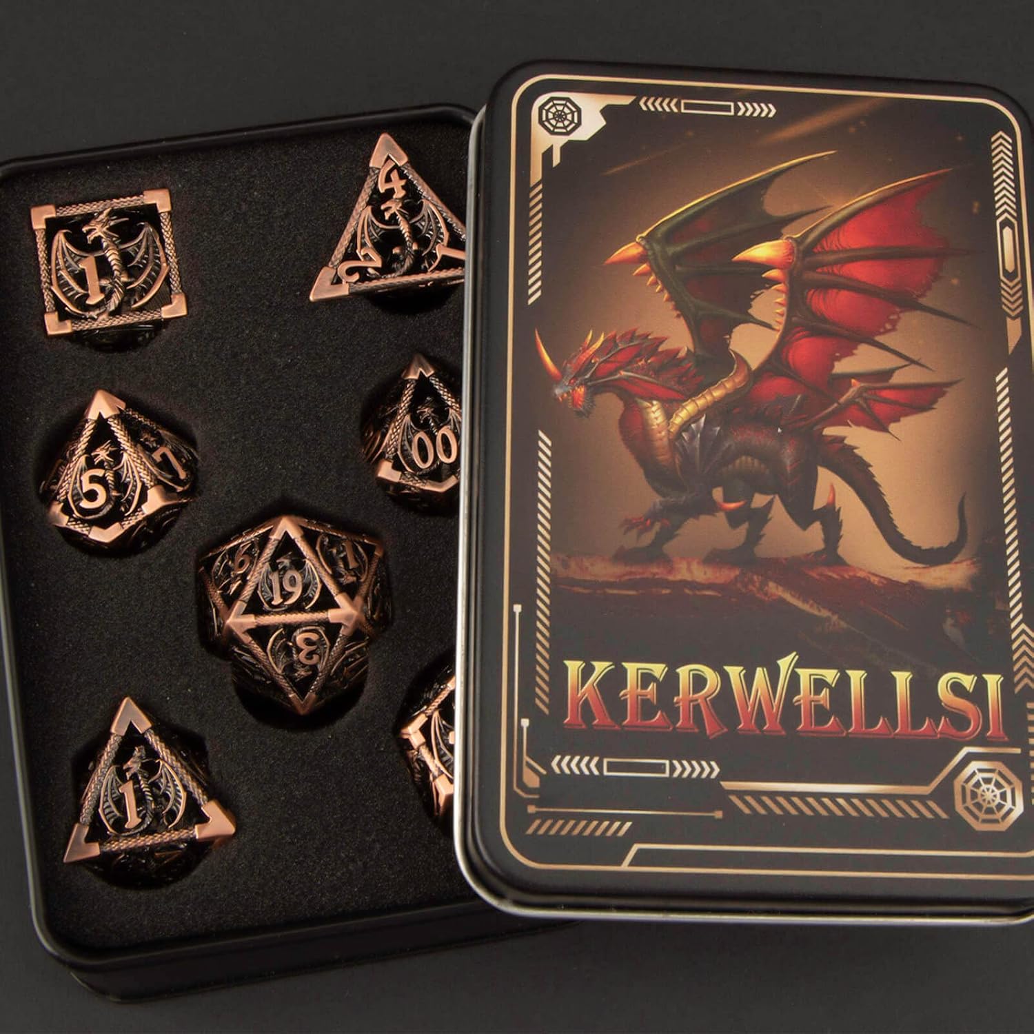 KERWELLSI Hollow DND Dice Set D&D with Gifts Box, 7pcs Polyhedral Metal D and D Dice for Role Playing Game, Dungeon Dragon Dice D20 D12 D10 D8 D6 D4 (Copper)