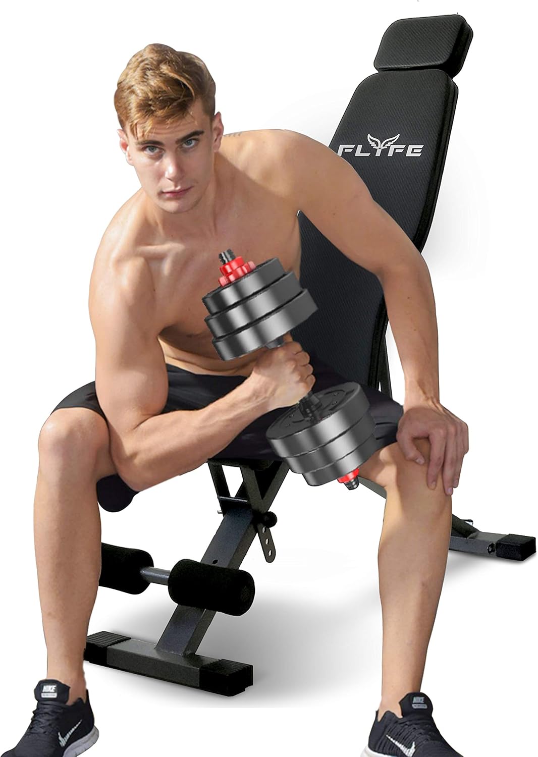 FLYFE Adjustable Weight Bench – Foldable and Compact Workout Bench – Incline and Decline Flat Utility Weight Bench – Strength Training Fitness Bench for Full Body Workout with Extended Headrest : Sports & Outdoors